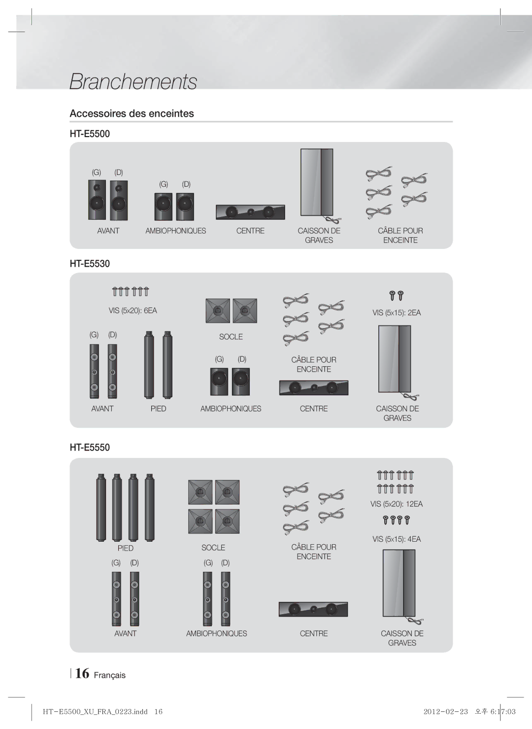 Samsung HT-E5500/XN, HT-E5550/EN manual Accessoires des enceintes, VIS 5 X20 6EA, VIS 5X15 2EA, VIS 5X20 12EA VIS 5X15 4EA 