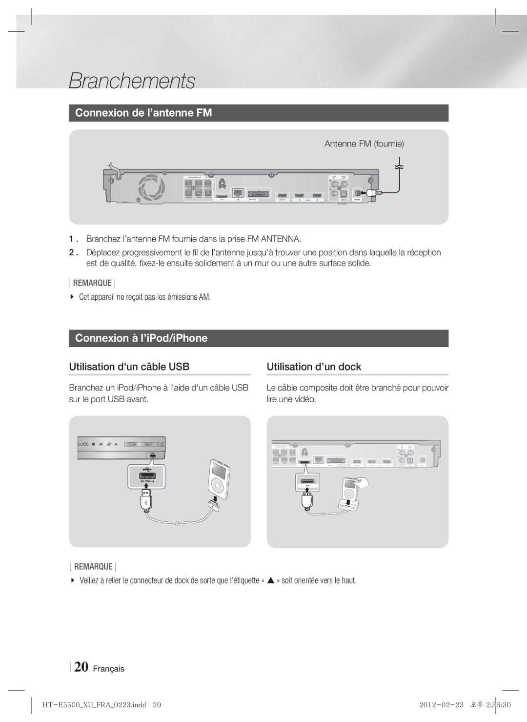 Samsung HT-E5530/EN Connexion de l’antenne FM, Connexion à l’iPod/iPhone, Utilisation dun câble USB, Utilisation d’un dock 