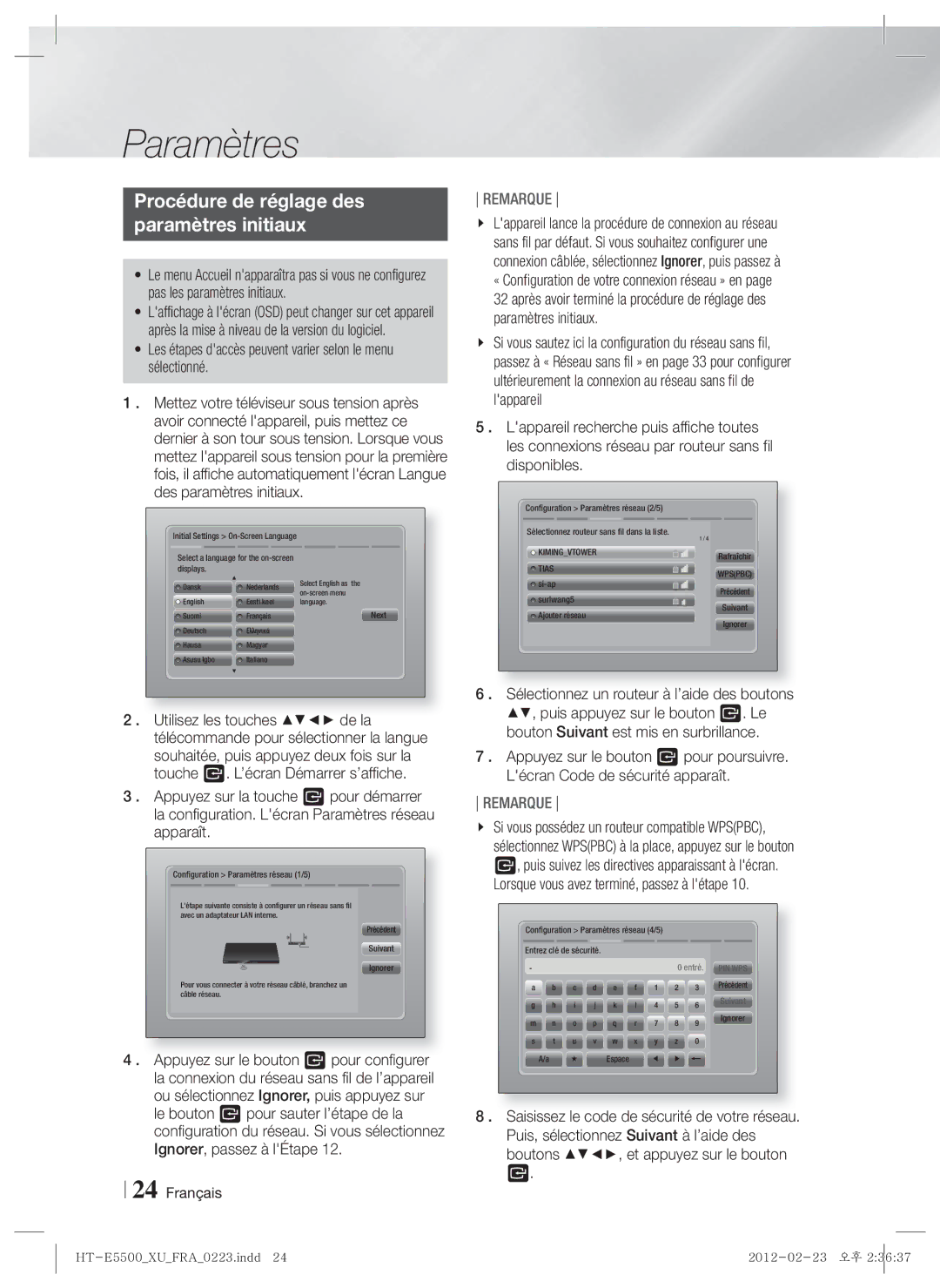 Samsung HT-E5500/ZF, HT-E5500/XN, HT-E5550/EN, HT-E5530/XN, HT-E5550/TK manual Procédure de réglage des Paramètres initiaux 