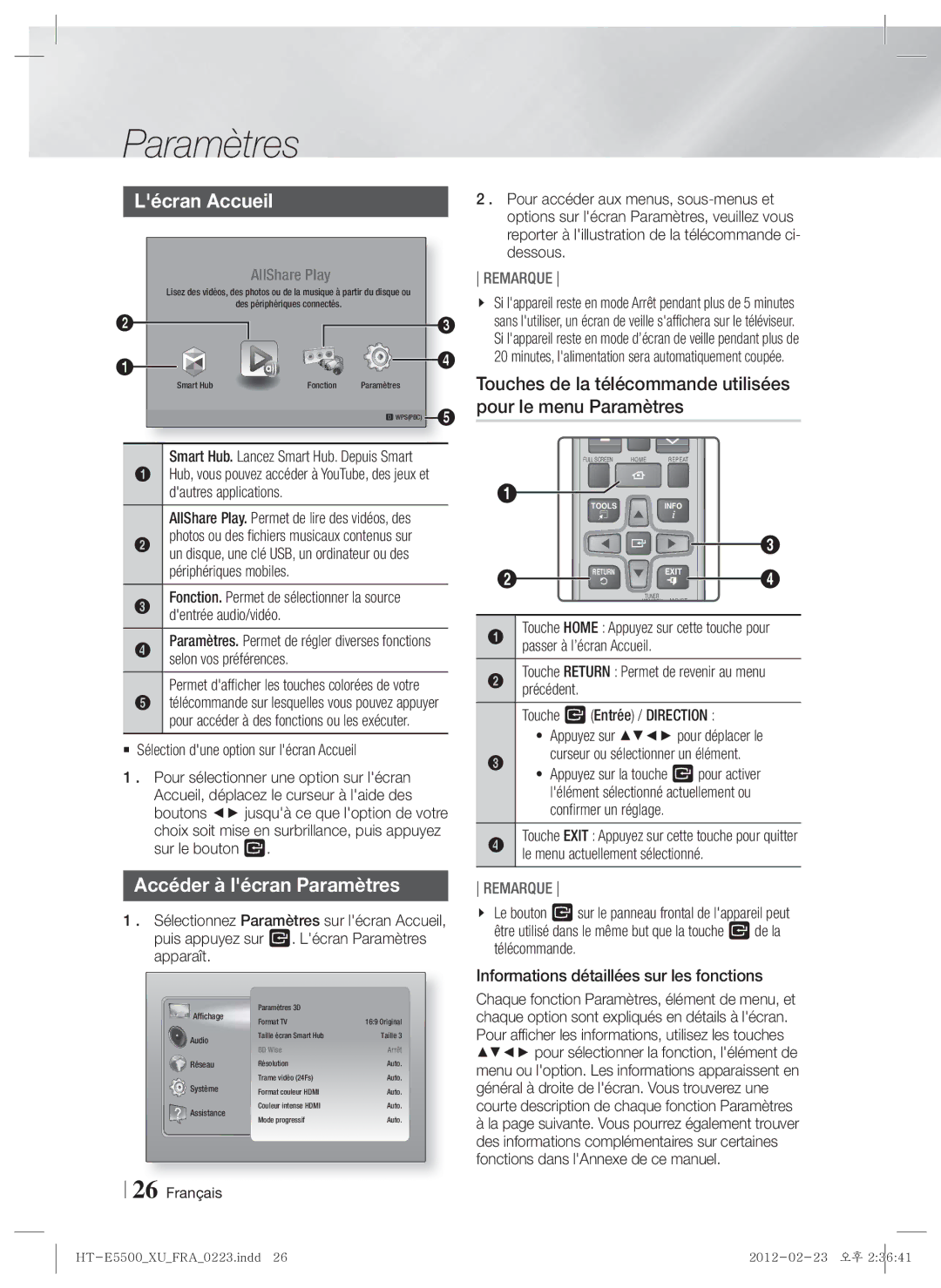 Samsung HT-E5550/XE manual Lécran Accueil, Accéder à lécran Paramètres, Permet dafficher les touches colorées de votre 