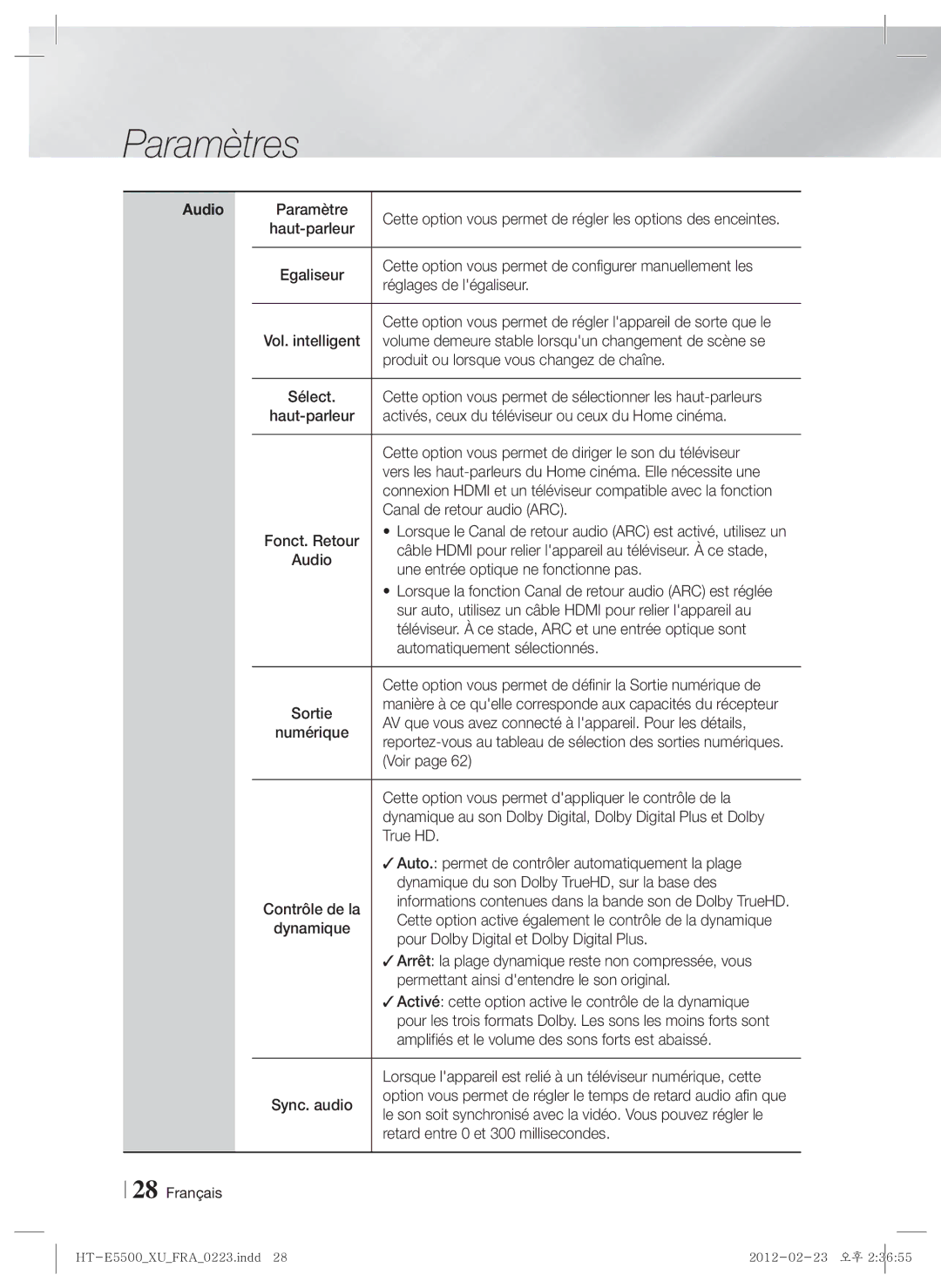 Samsung HT-E5500/XN manual Paramètre, Cette option vous permet de configurer manuellement les, Réglages de légaliseur, Voir 