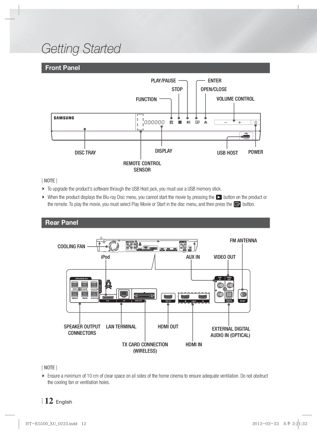 Samsung HT-E5500/XN, HT-E5550/EN, HT-E5530/XN, HT-E5550/TK, HT-E5530/EN, HT-E5500/EN, HT-E5550/ZF manual Front Panel, Rear Panel 