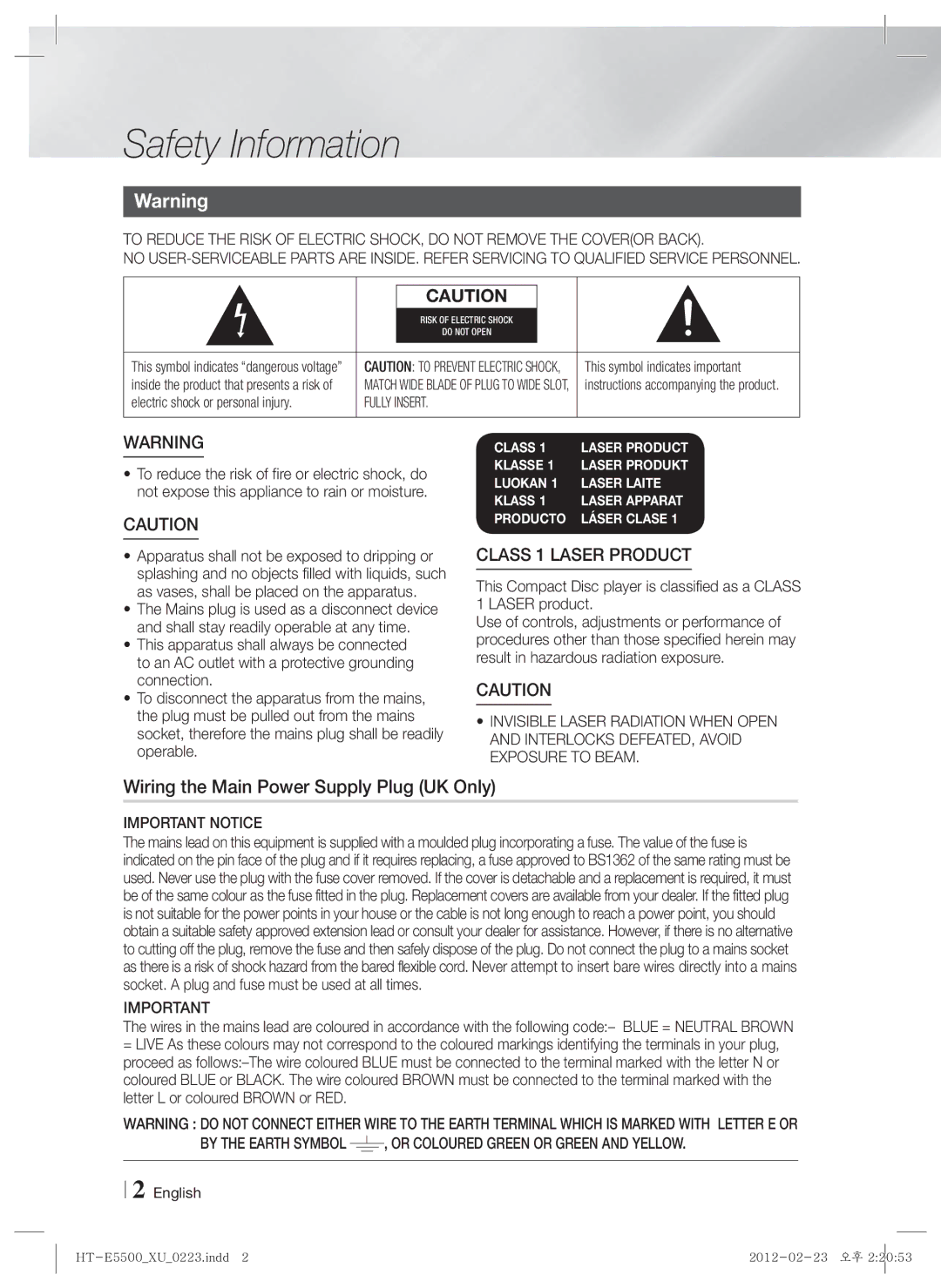 Samsung HT-E5530/XN, HT-E5500/XN manual Safety Information, Wiring the Main Power Supply Plug UK Only, Important Notice 