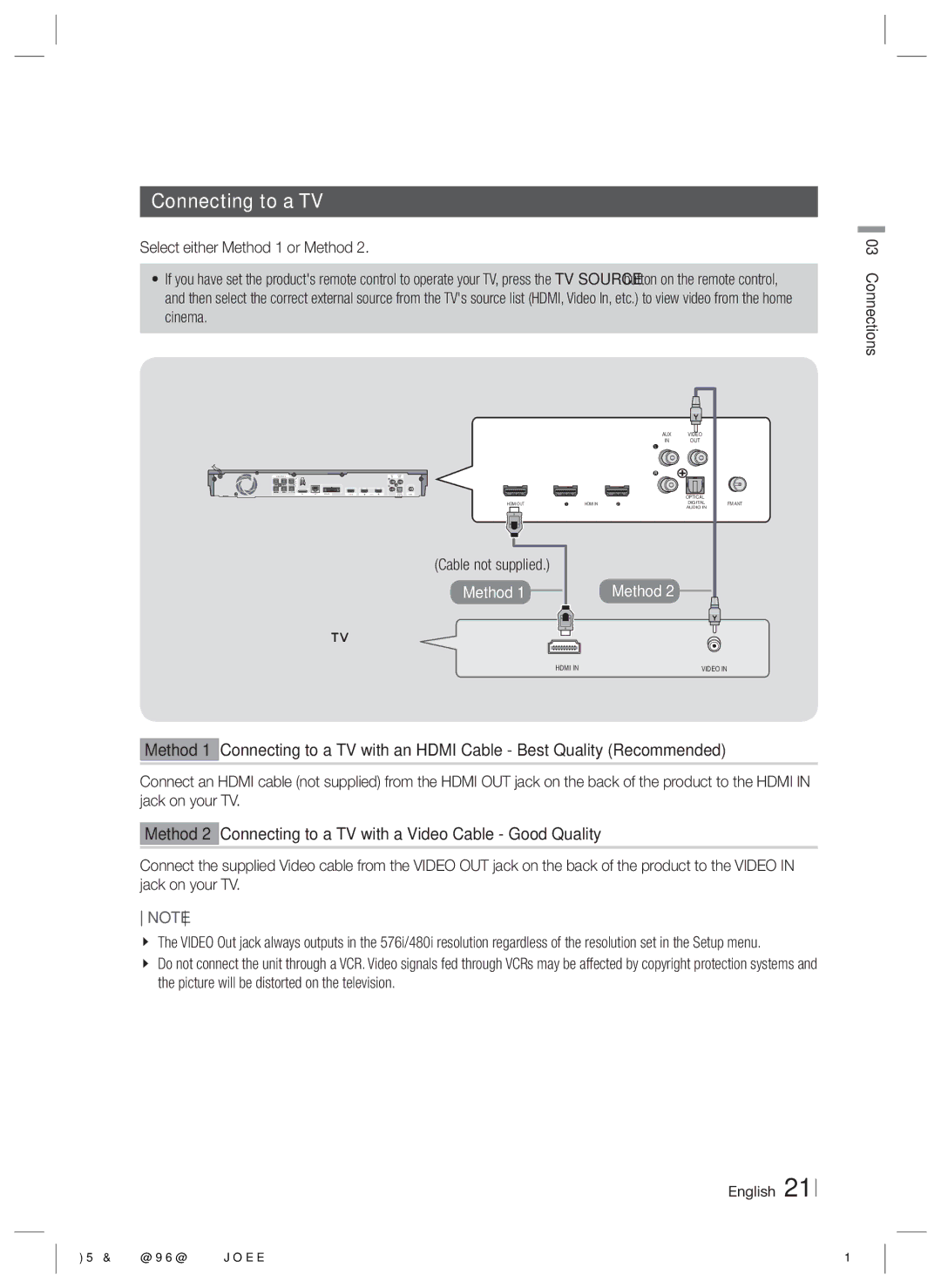 Samsung HT-E5500/XE, HT-E5500/XN, HT-E5550/EN, HT-E5530/XN, HT-E5550/TK, HT-E5530/EN, HT-E5500/EN manual Connecting to a TV 