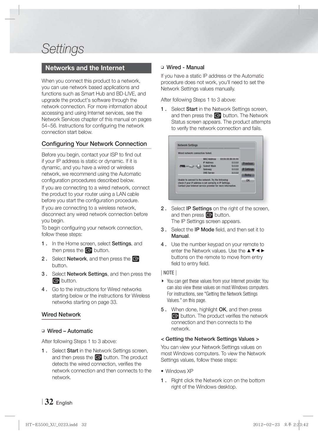 Samsung HT-E5500/ZF manual Networks and the Internet, Configuring Your Network Connection, Wired Network, Wired Manual 