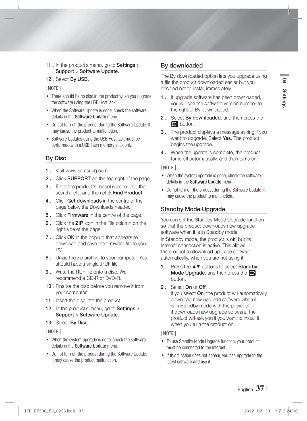 Samsung HT-E5550/EN, HT-E5500/XN, HT-E5530/XN, HT-E5550/TK, HT-E5530/EN manual By Disc, By downloaded, Standby Mode Upgrade 