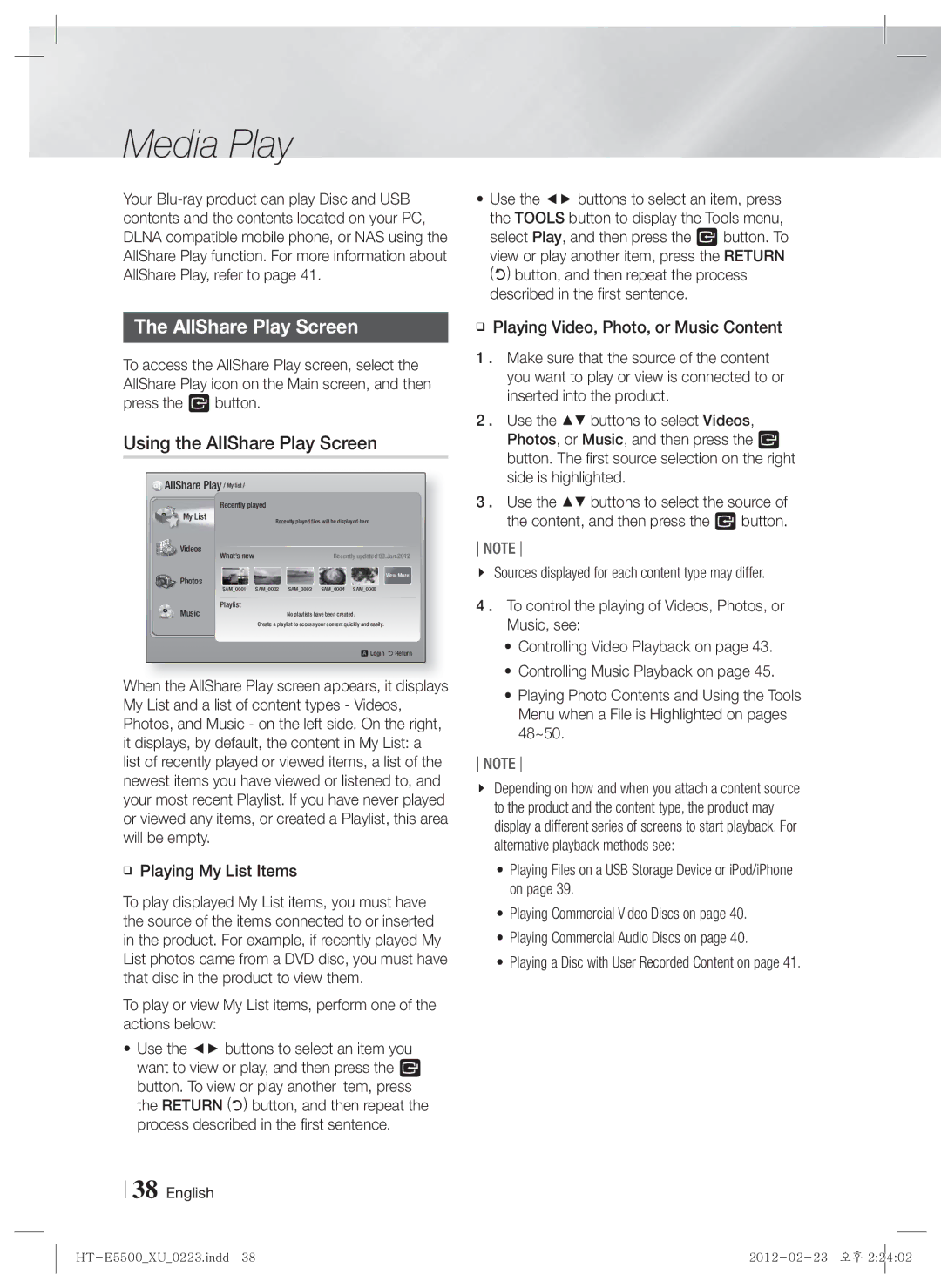 Samsung HT-E5530/XN, HT-E5500/XN, HT-E5550/EN manual Media Play, Using the AllShare Play Screen, Playing My List Items 