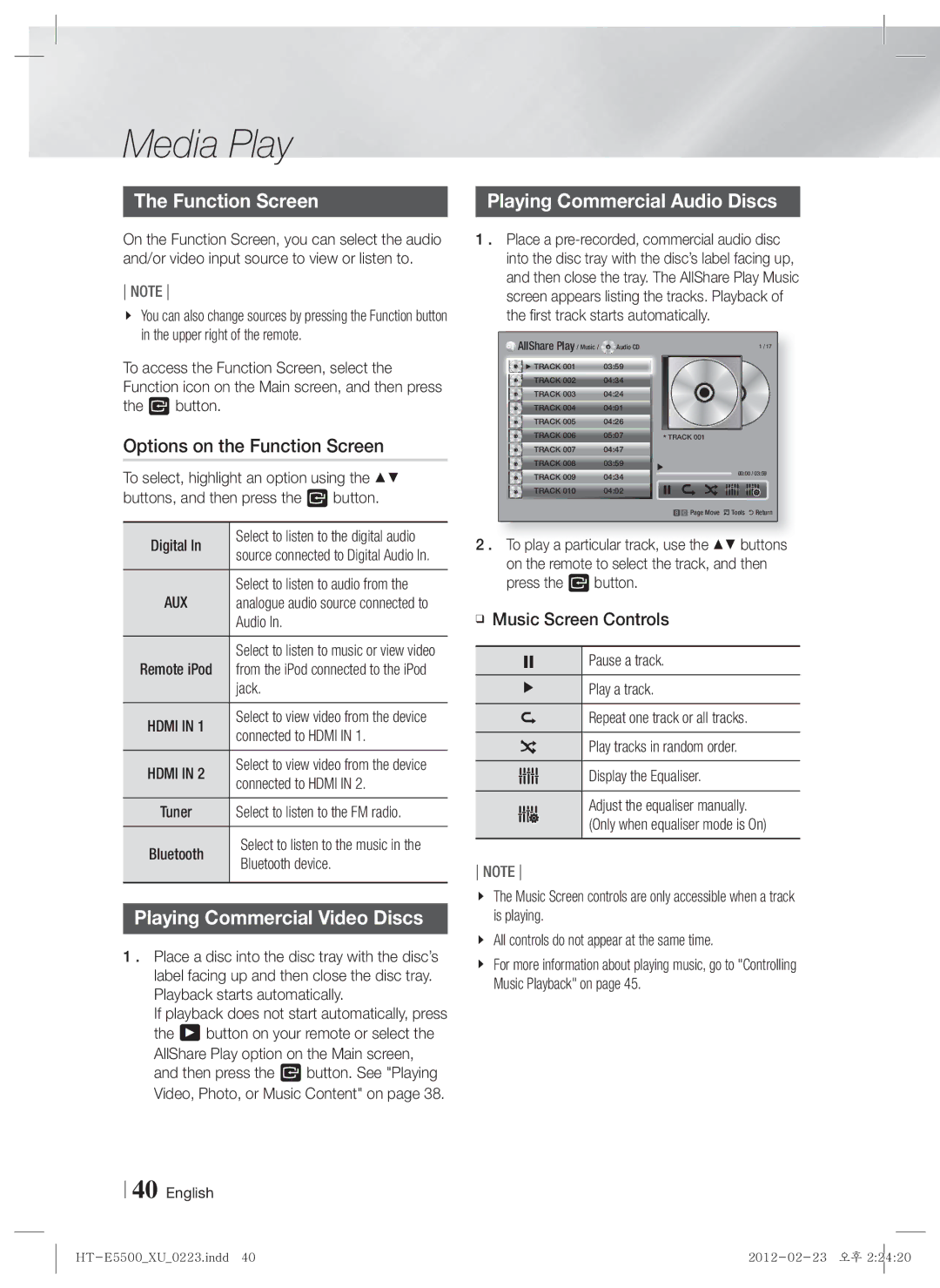 Samsung HT-E5530/EN Options on the Function Screen, Playing Commercial Audio Discs, Playing Commercial Video Discs 