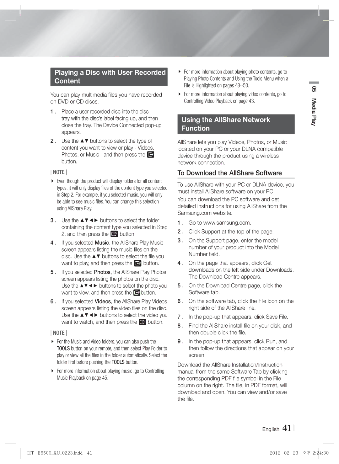 Samsung HT-E5500/EN, HT-E5500/XN manual Playing a Disc with User Recorded Content, Using the AllShare Network Function 