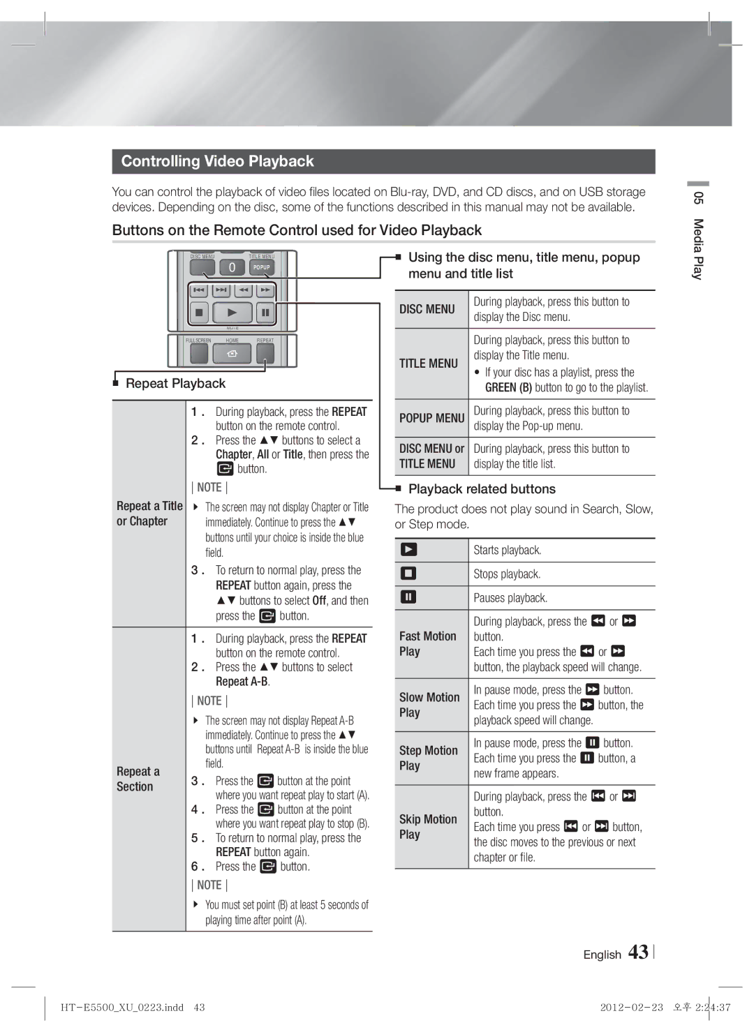 Samsung HT-E5530/ZF manual Controlling Video Playback, Buttons on the Remote Control used for Video Playback, Disc Menu 