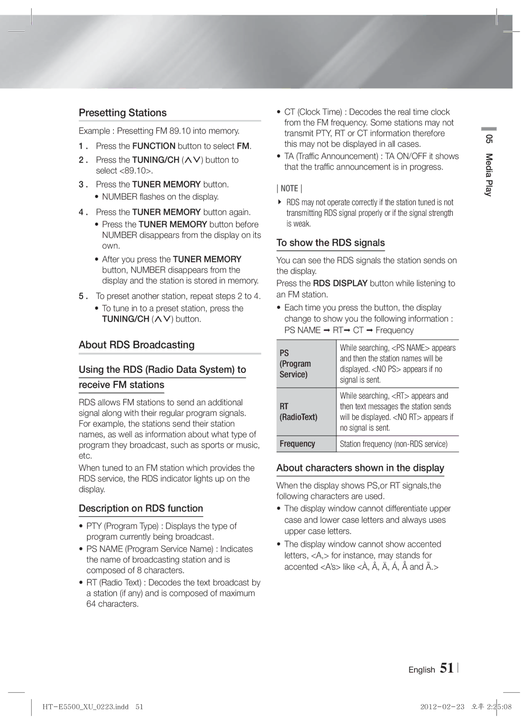 Samsung HT-E5550/TK, HT-E5500/XN, HT-E5550/EN, HT-E5530/XN, HT-E5530/EN manual Presetting Stations, About RDS Broadcasting 