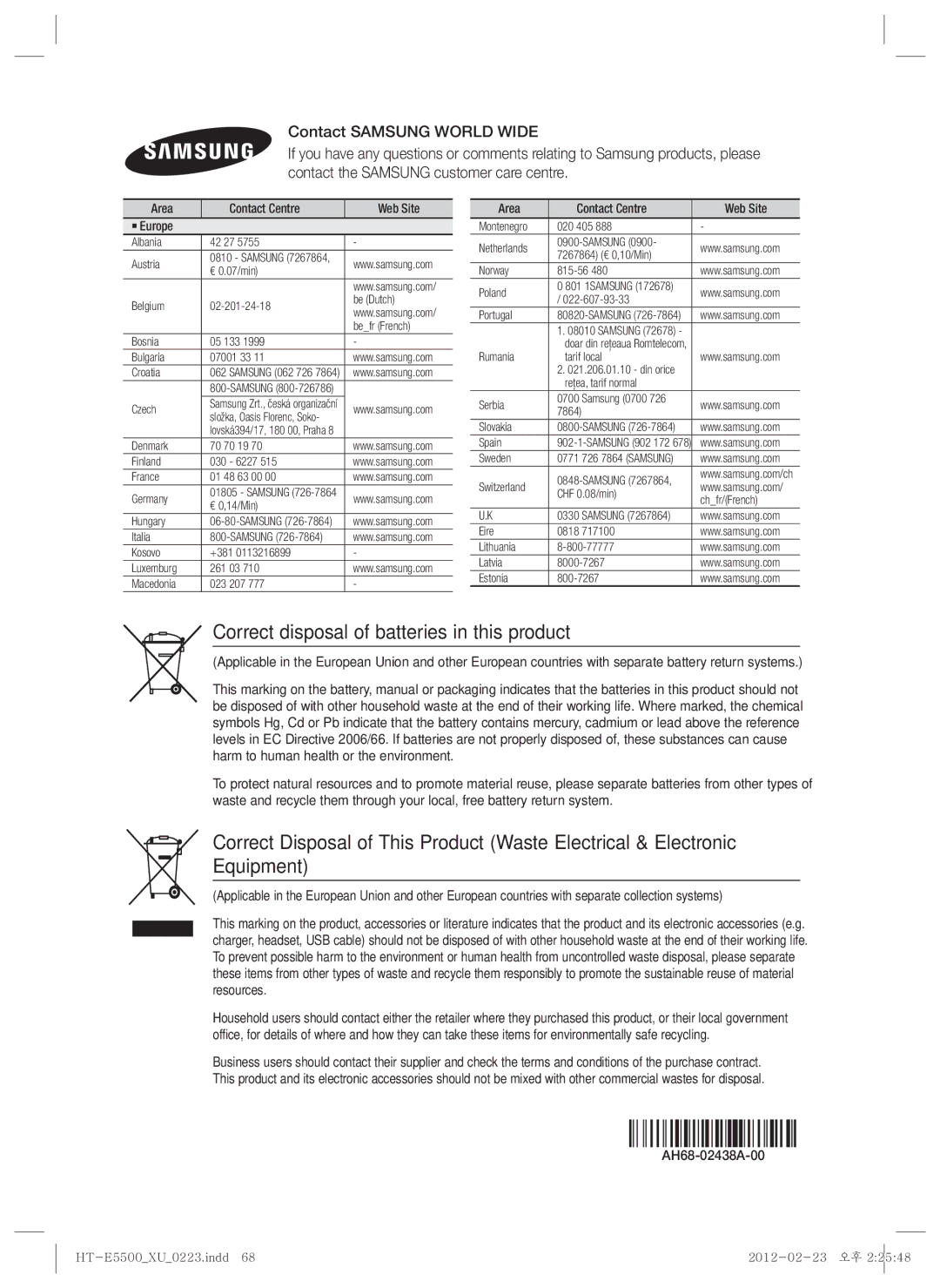 Samsung HT-E5500/ZF, HT-E5500/XN Correct disposal of batteries in this product, Area Contact Centre  Web Site ` Europe 