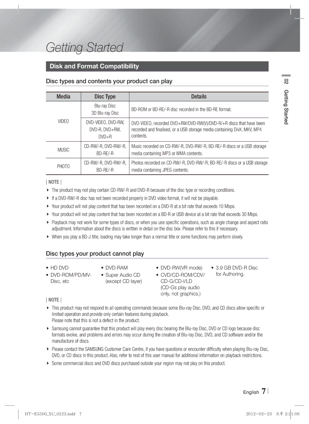 Samsung HT-E5530/ZF manual Getting Started, Disk and Format Compatibility, Disc types and contents your product can play 