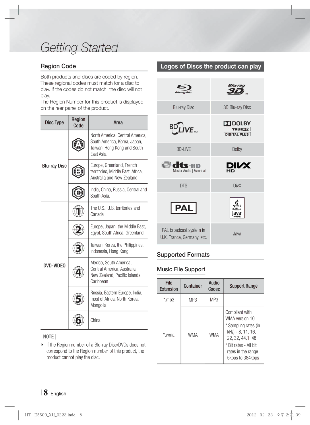 Samsung HT-E5500/ZF manual Region Code, Logos of Discs the product can play, Supported Formats, Music File Support, Dts 