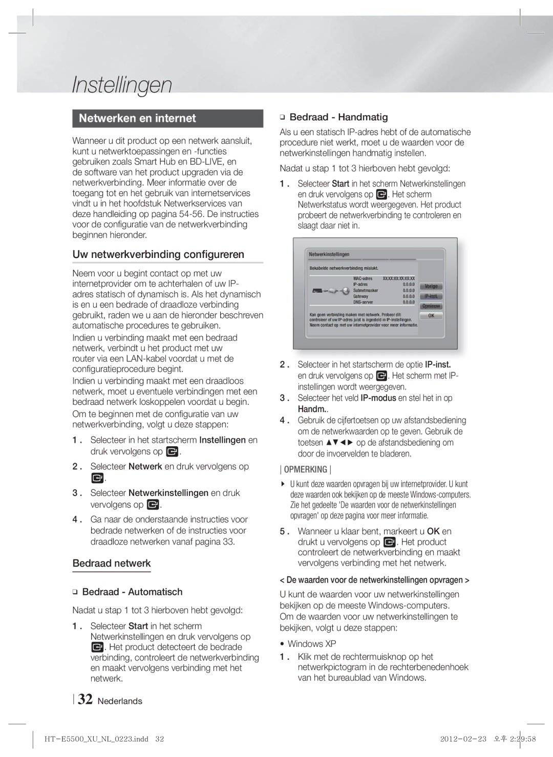 Samsung HT-E5550/EN, HT-E5500/XN, HT-E5530/XN Netwerken en internet, Uw netwerkverbinding configureren, Bedraad netwerk 