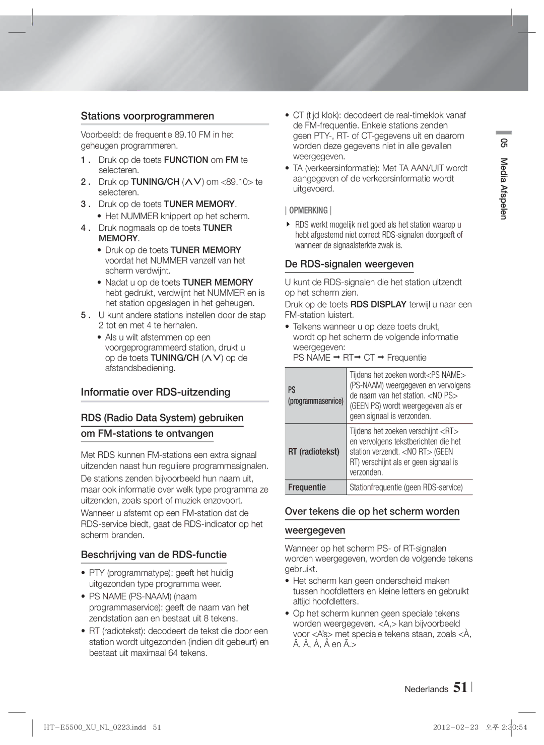 Samsung HT-E5530/XN, HT-E5500/XN, HT-E5550/EN, HT-E5550/TK manual Stations voorprogrammeren, Informatie over RDS-uitzending 