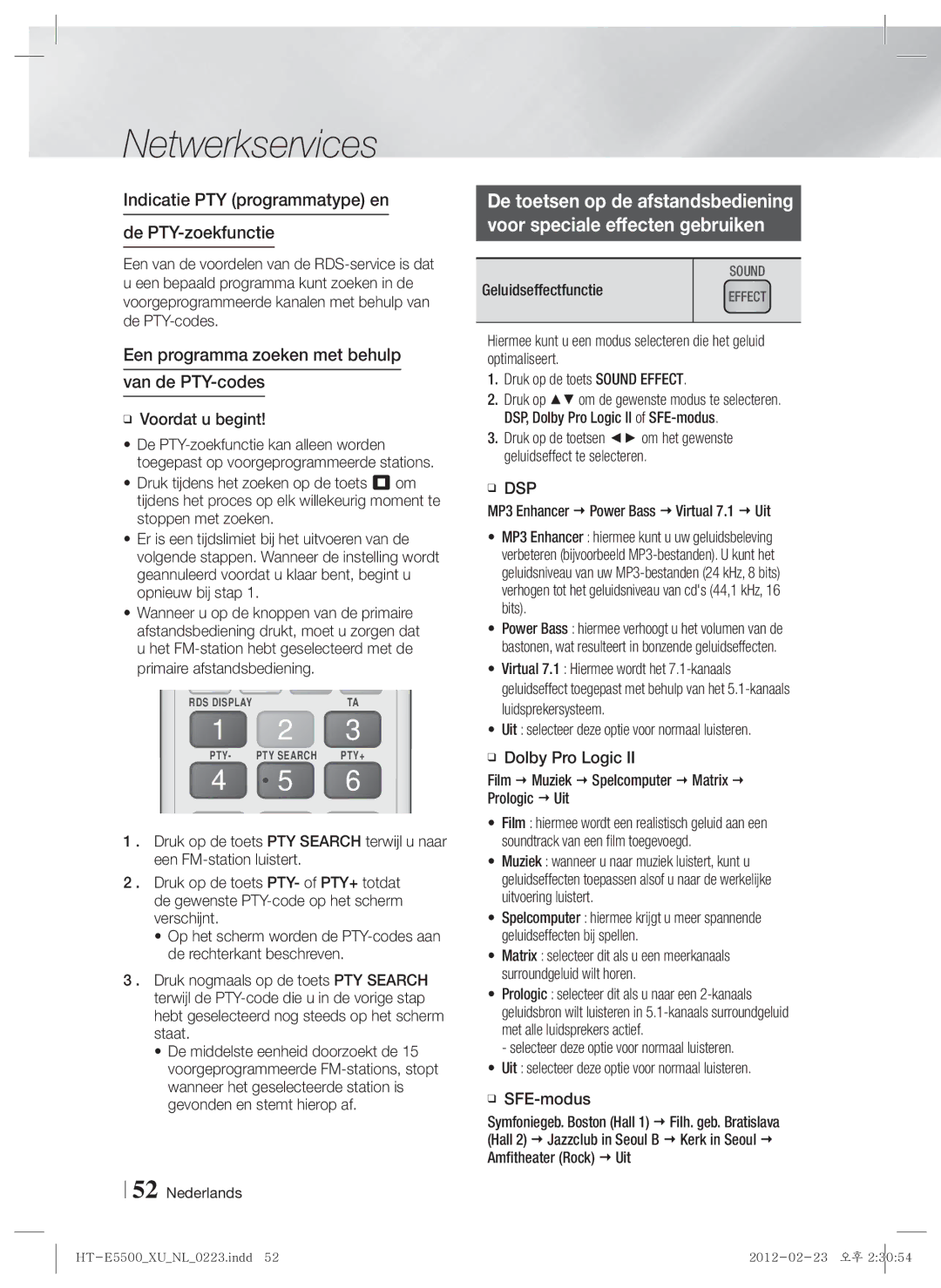 Samsung HT-E5550/TK, HT-E5500/XN, HT-E5550/EN manual Netwerkservices, Indicatie PTY programmatype en De PTY-zoekfunctie 