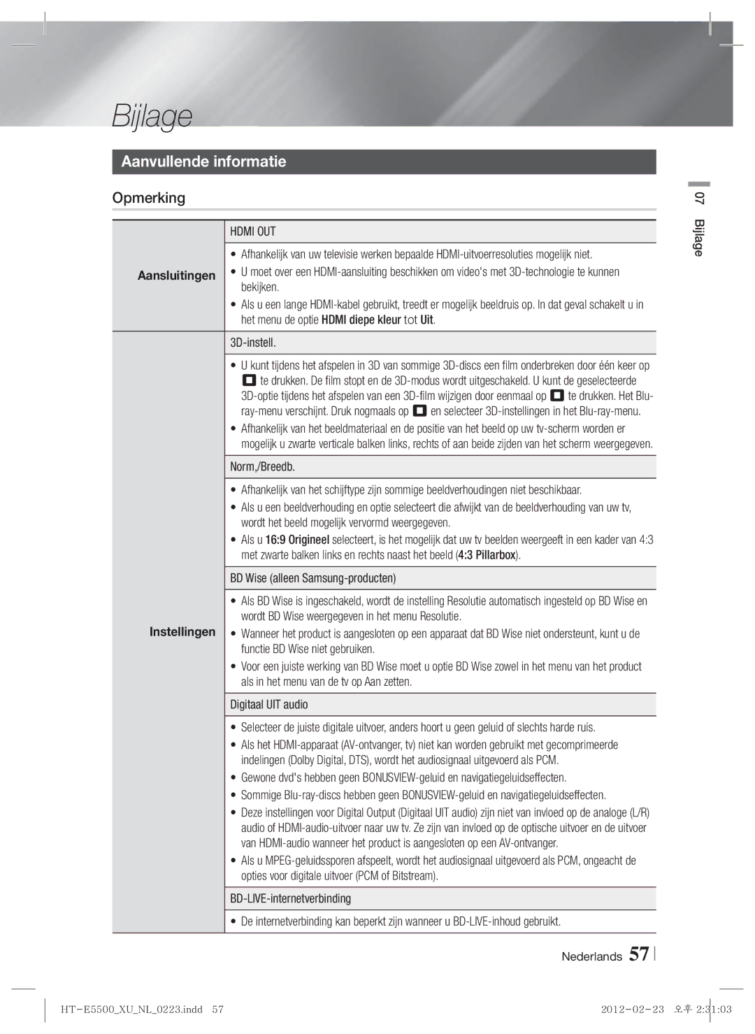 Samsung HT-E5500/ZF manual Bijlage, Aanvullende informatie, Opmerking, Norm,/Breedb, BD Wise alleen Samsung-producten 