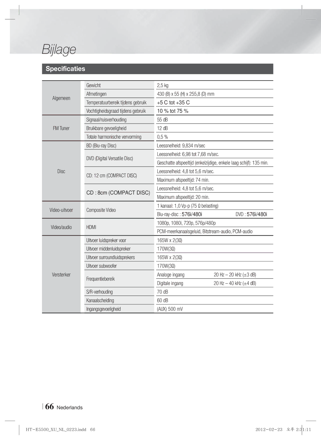 Samsung HT-E5500/ZF, HT-E5500/XN, HT-E5550/EN, HT-E5530/XN, HT-E5550/TK, HT-E5530/EN, HT-E5500/EN, HT-E5550/ZF Specificaties 