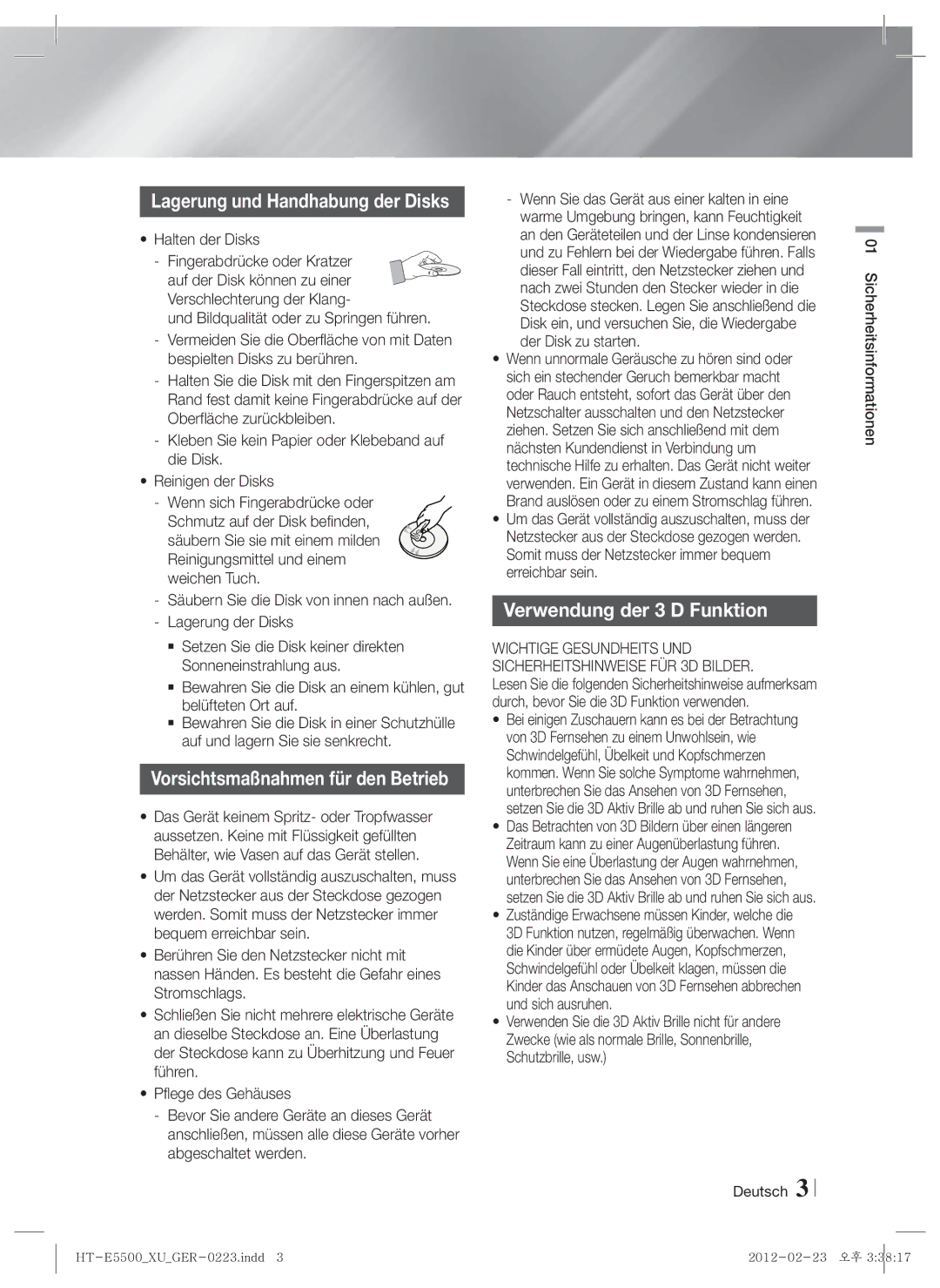 Samsung HT-E5530/EN, HT-E5500/XN manual Verwendung der 3 D Funktion, Halten der Disks, Deutsch Sicherheitsinformationen 