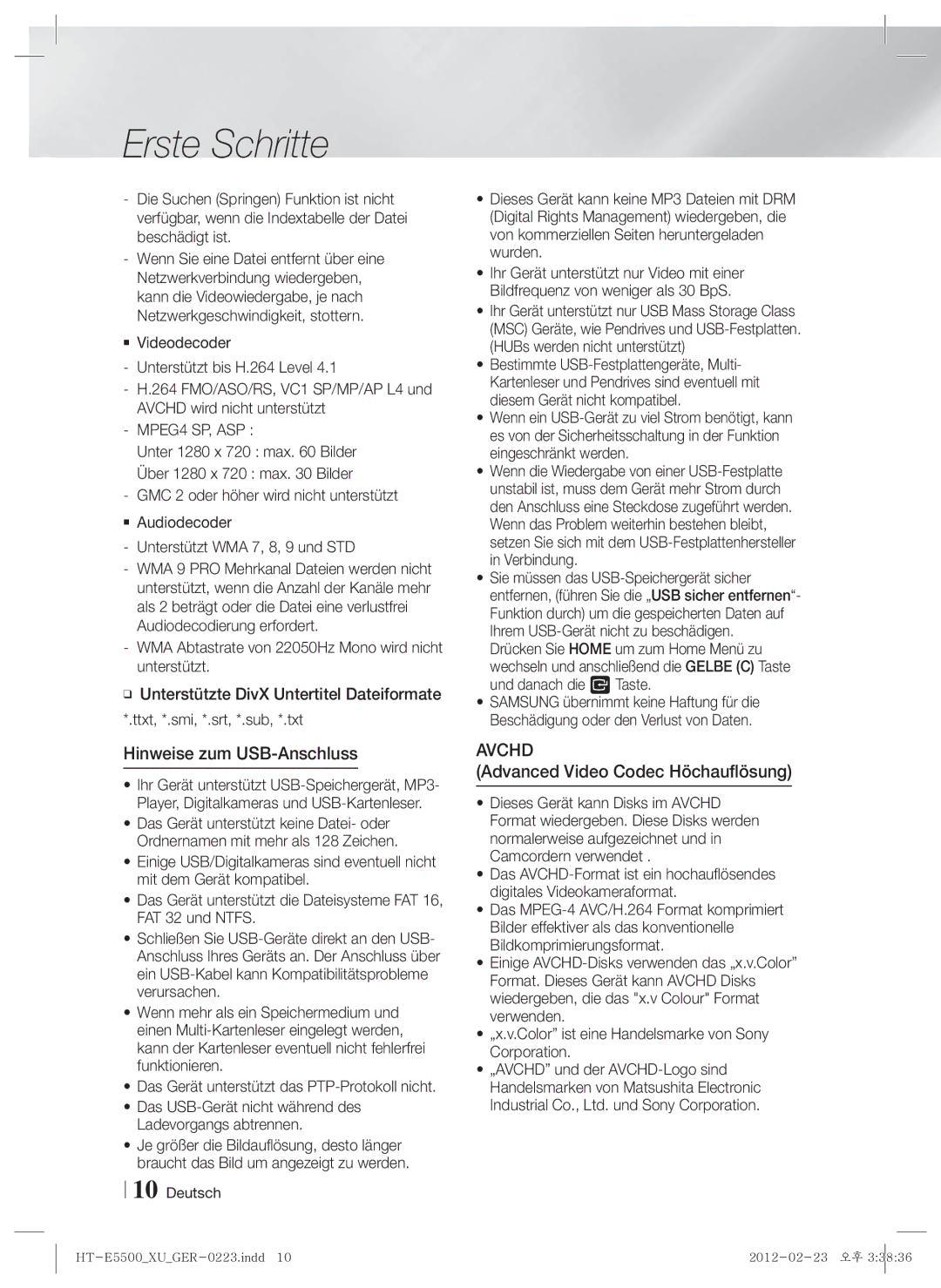 Samsung HT-E5530/XN, HT-E5500/XN, HT-E5550/EN, HT-E5550/TK Hinweise zum USB-Anschluss, Advanced Video Codec Höchauflösung 