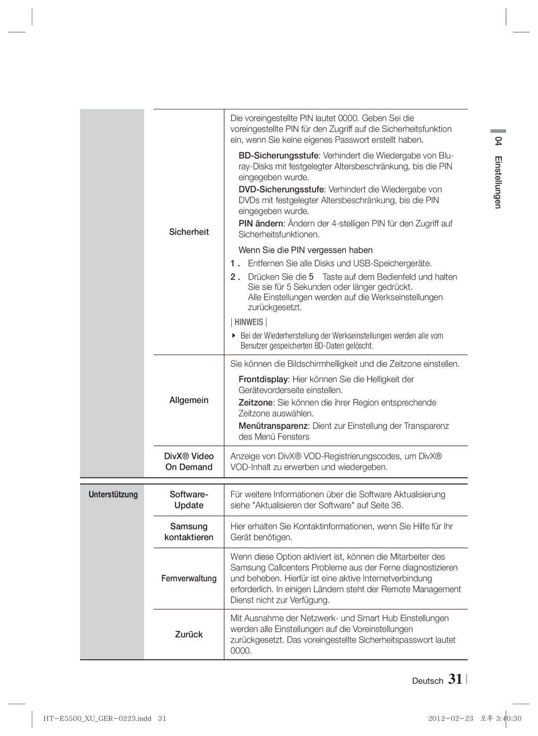 Samsung HT-E5500/EN manual Die voreingestellte PIN lautet 0000. Geben Sei die, Eingegeben wurde, Sicherheitsfunktionen 