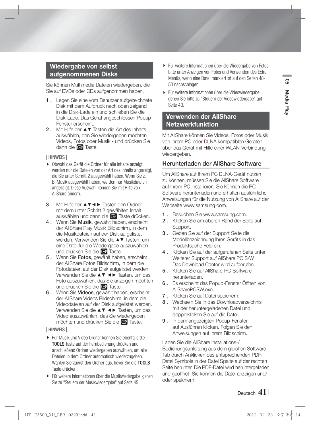 Samsung HT-E5550/ZF, HT-E5500/XN manual Wiedergabe von selbst Aufgenommenen Disks, Verwenden der AllShare Netzwerkfunktion 