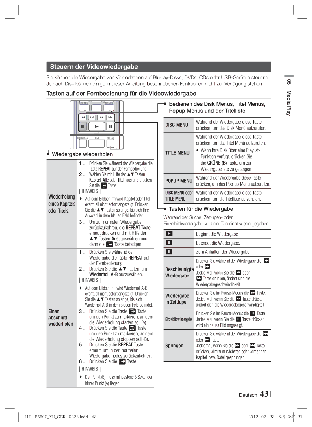 Samsung HT-E5500/ZF, HT-E5500/XN manual Steuern der Videowiedergabe, Tasten auf der Fernbedienung für die Videowiedergabe 