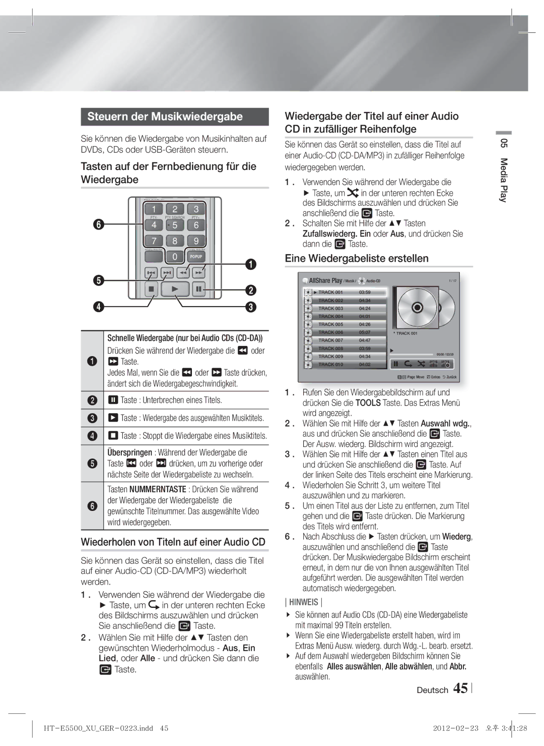 Samsung HT-E5550/EN, HT-E5500/XN, HT-E5530/XN Steuern der Musikwiedergabe, Tasten auf der Fernbedienung für die Wiedergabe 