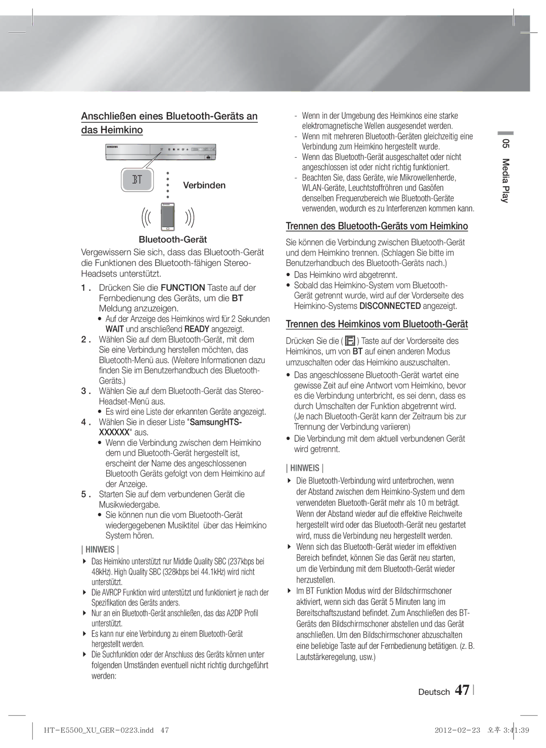 Samsung HT-E5550/TK manual Anschließen eines Bluetooth-Geräts an das Heimkino, Trennen des Bluetooth-Geräts vom Heimkino 