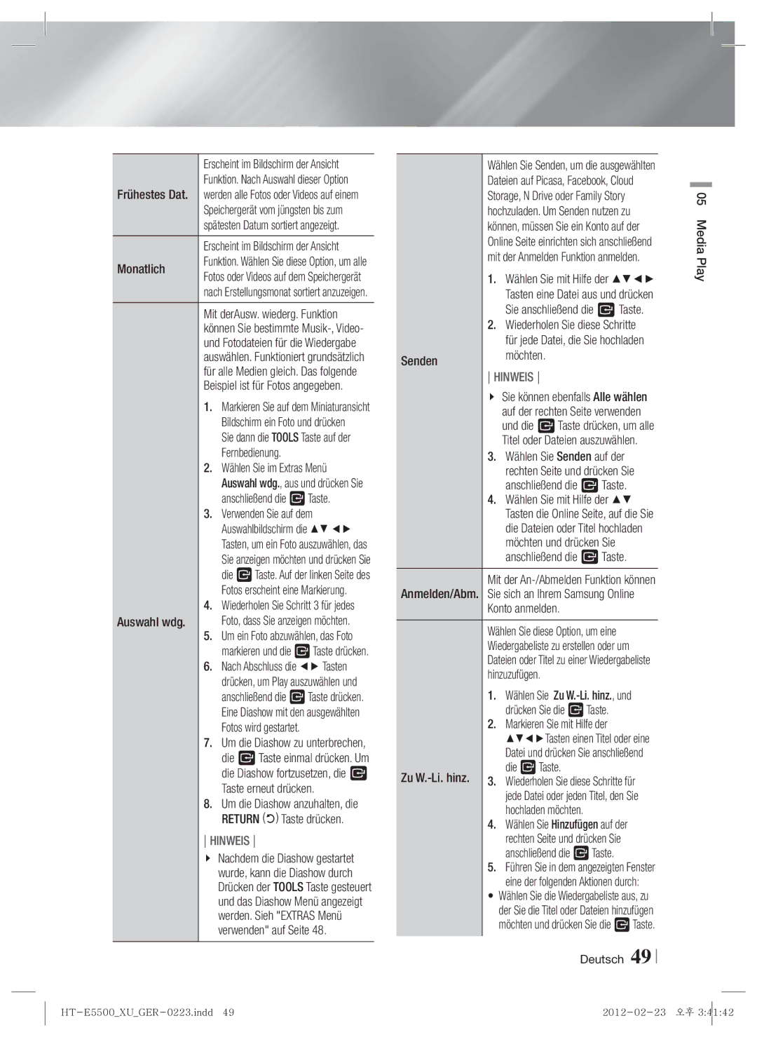 Samsung HT-E5500/EN manual Frühestes Dat, Monatlich, Möchten, Wählen Sie Senden auf der, Anschließend die E Taste 