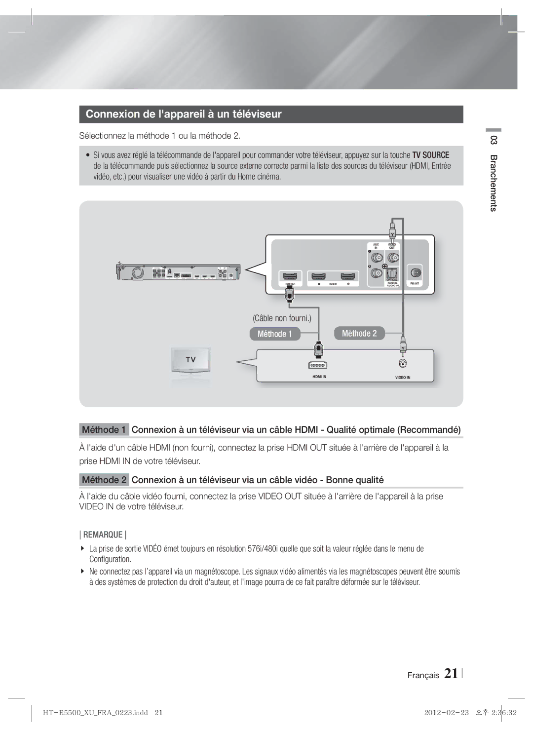 Samsung HT-E5550/TK Connexion de lappareil à un téléviseur, Sélectionnez la méthode 1 ou la méthode, Câble non fourni 