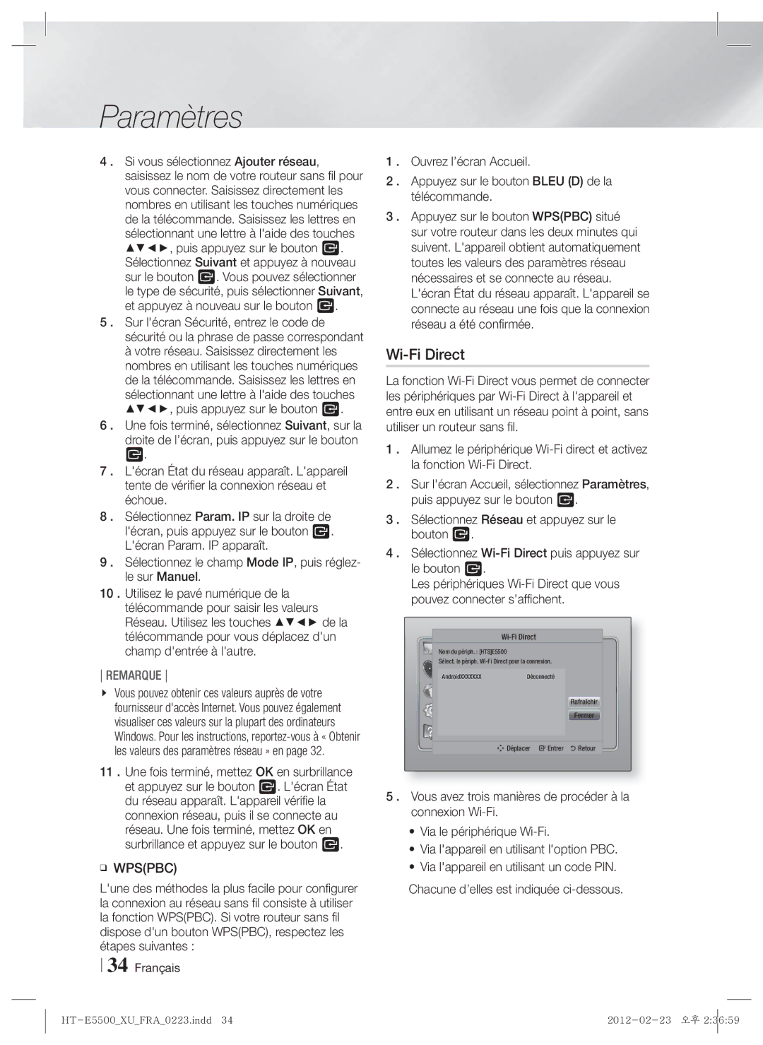 Samsung HT-E5530/ZF, HT-E5500/XN, HT-E5550/EN, HT-E5530/XN, HT-E5550/TK, HT-E5530/EN, HT-E5500/EN, HT-E5550/ZF manual Wi-Fi Direct 