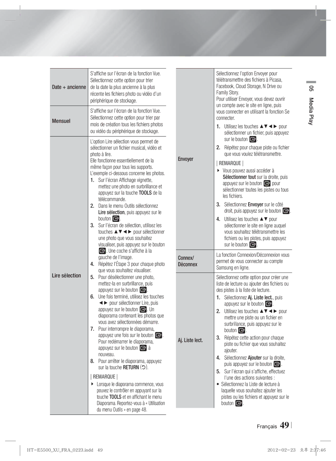 Samsung HT-E5530/EN Mensuel, Photo à lire, Bouton E, Gauche de l’image, Lire sélection, Nouveau, Sur la touche Return 