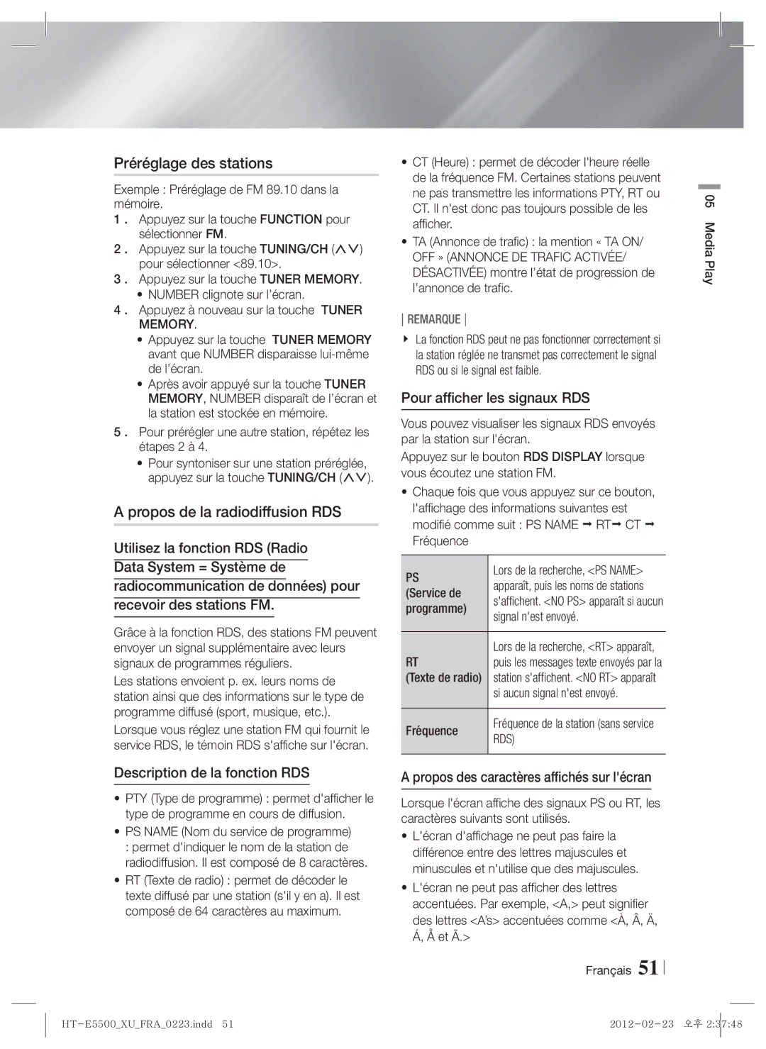 Samsung HT-E5550/ZF, HT-E5500/XN Préréglage des stations, Propos de la radiodiffusion RDS, Pour afficher les signaux RDS 