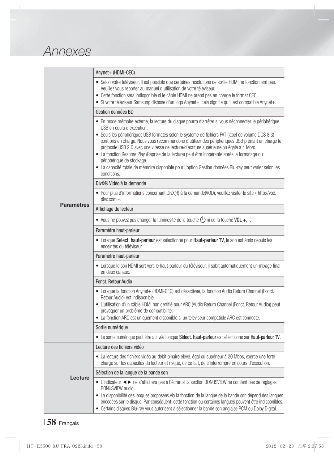 Samsung HT-E5530/EN, HT-E5500/XN, HT-E5550/EN, HT-E5530/XN Paramètres Lecture, Anynet+ HDMI-CEC, Lecture des fichiers vidéo 