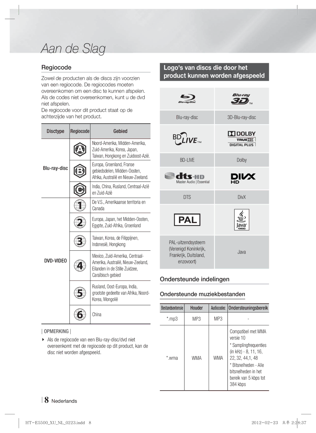 Samsung HT-E5530/EN, HT-E5500/XN, HT-E5550/EN, HT-E5530/XN Regiocode, Ondersteunde indelingen, Ondersteunde muziekbestanden 