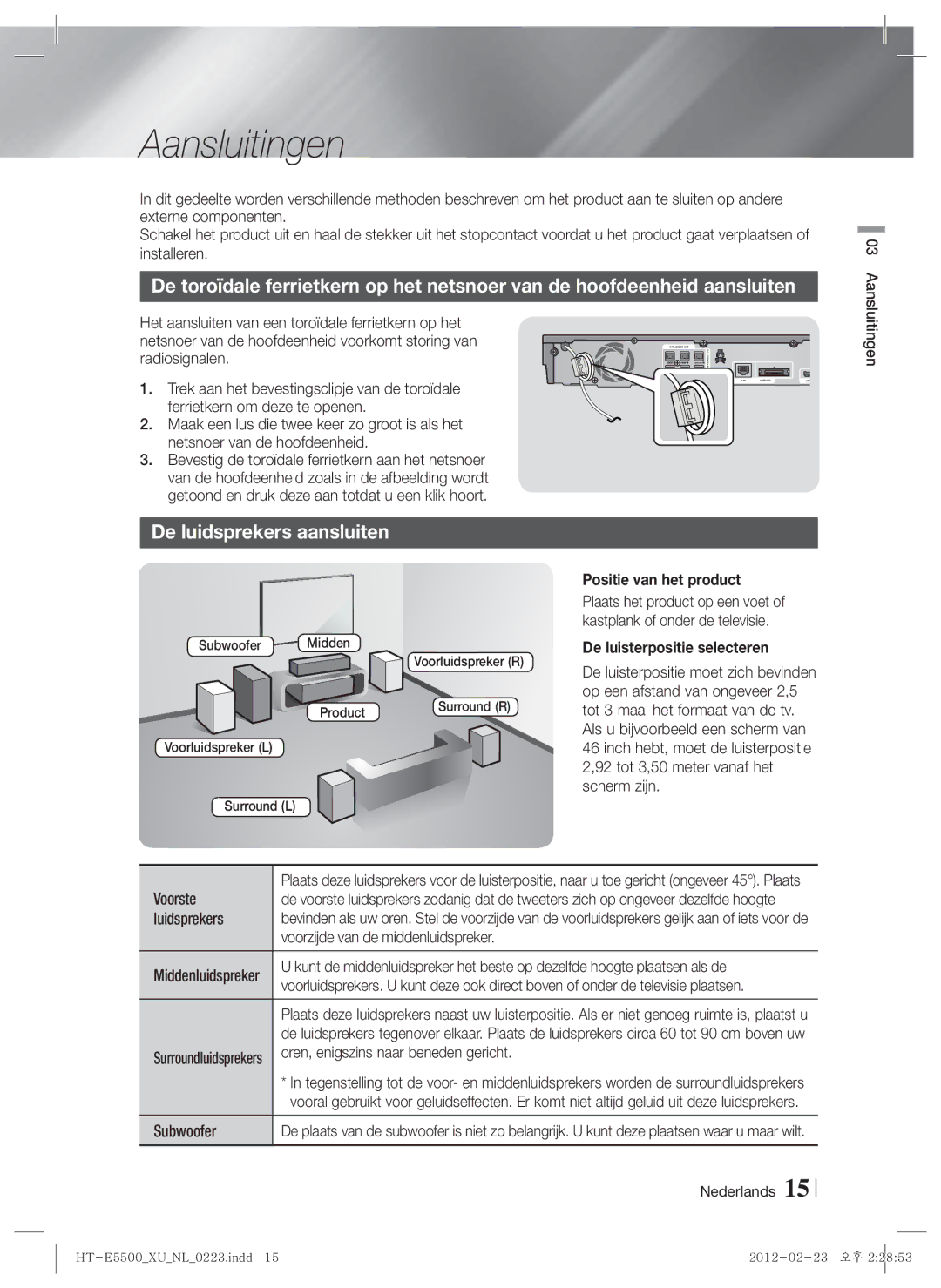 Samsung HT-E5530/XN manual Aansluitingen, De luidsprekers aansluiten, Positie van het product, De luisterpositie selecteren 