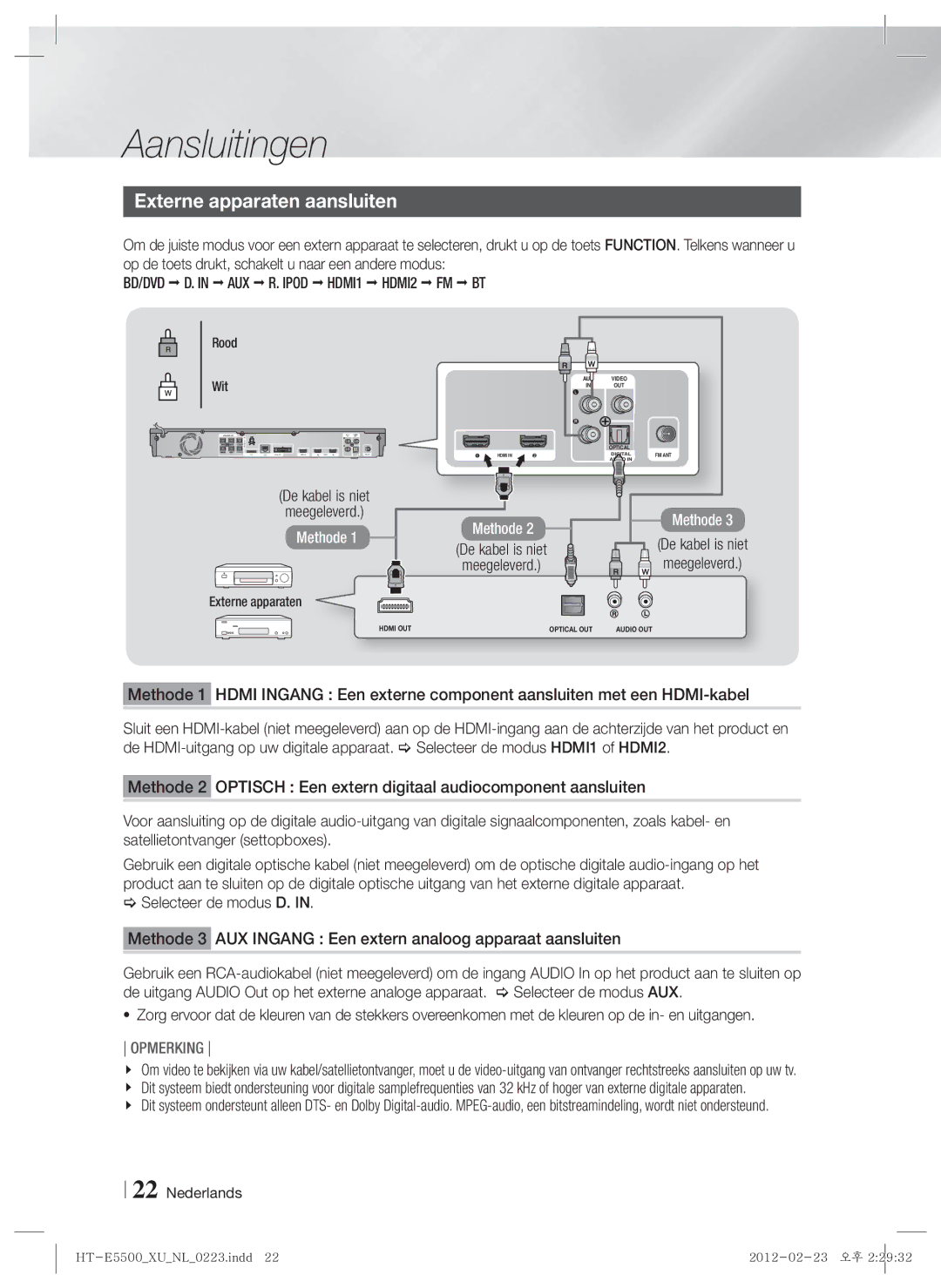 Samsung HT-E5500/XN, HT-E5550/EN, HT-E5530/XN manual Externe apparaten aansluiten, De kabel is niet Meegeleverd, Rood, Wit 