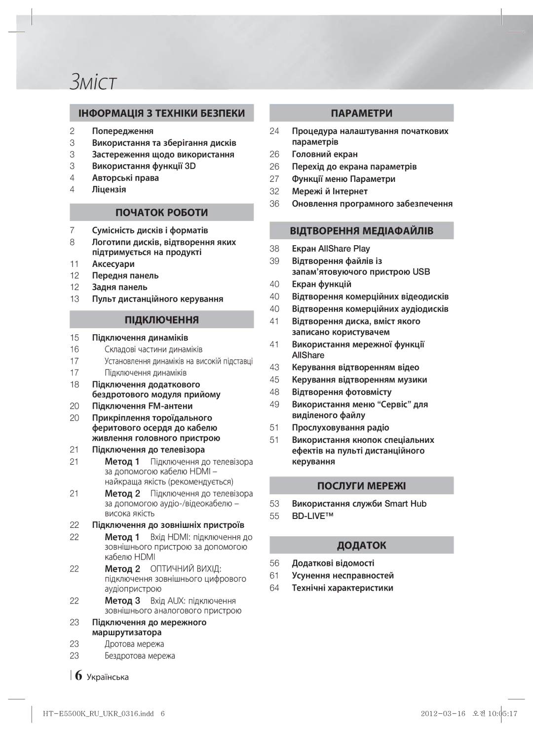 Samsung HT-E5530K/RU manual Зміст, 15 Підключення динаміків 16 Складові частини динаміків, 21 Підключення до телевізора 