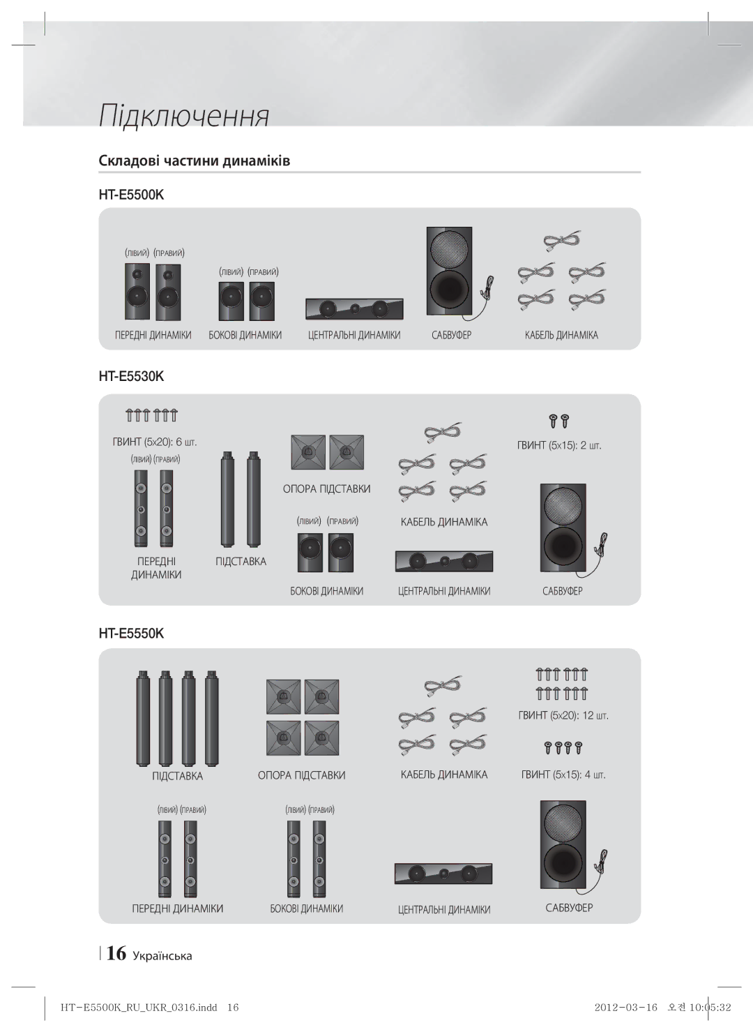 Samsung HT-E5530K/RU manual Складові частини динаміків, 16 Українська, Гвинт 5X20 12 ШТ, Гвинт 5 X20 Гвинт 5 X15 2 ШТ 