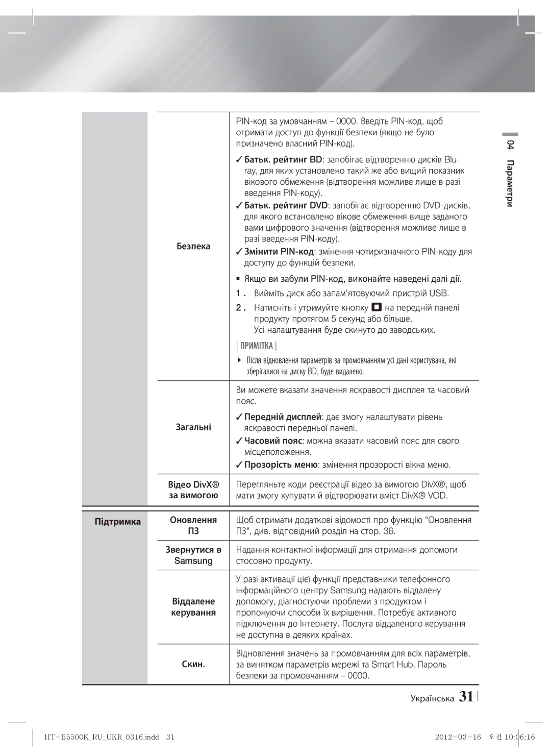 Samsung HT-E5550K/RU, HT-E5530K/RU manual Підтримка 