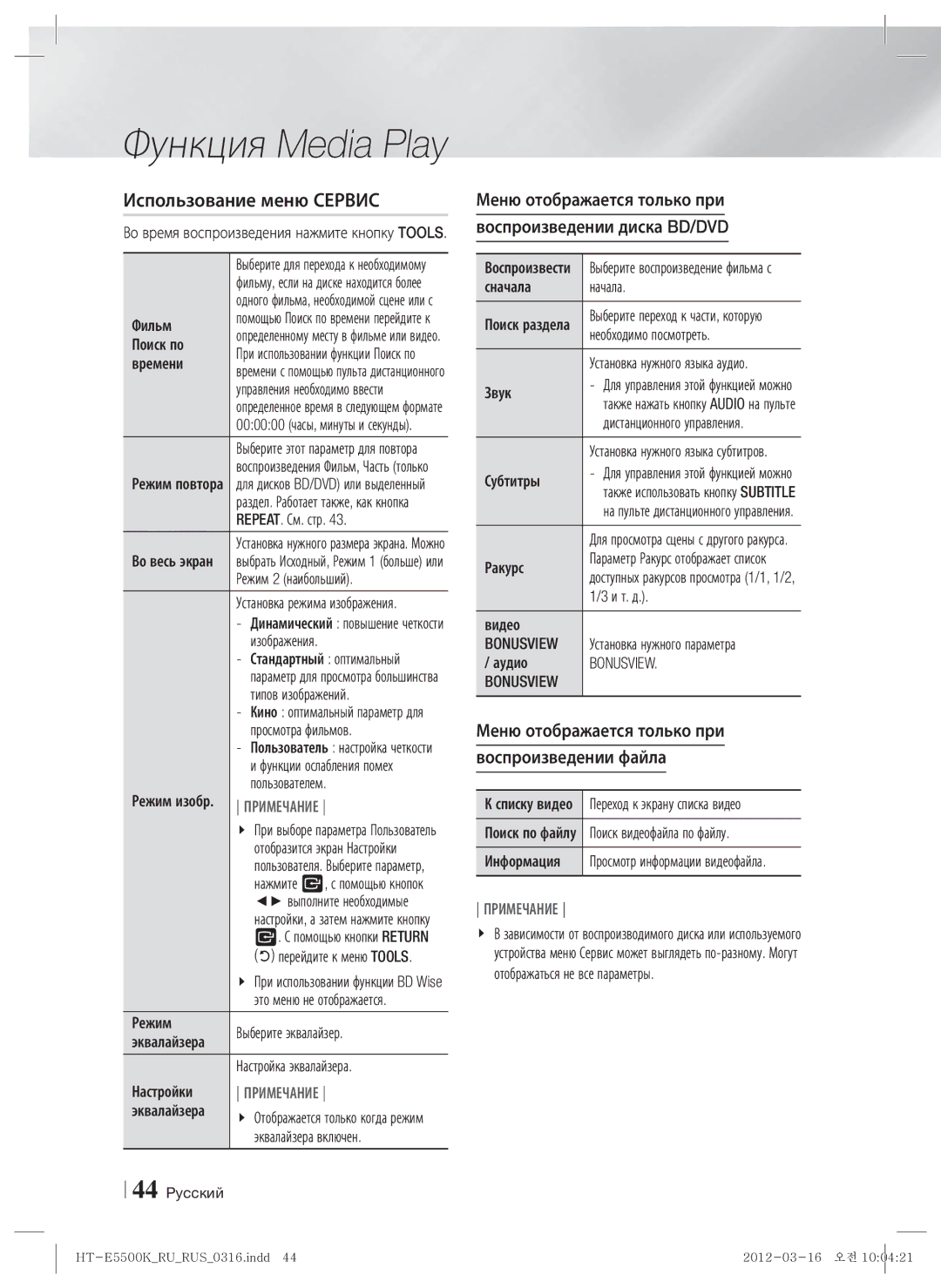 Samsung HT-E5530K/RU manual Использование меню Сервис, Меню отображается только при Воспроизведении диска BD/DVD, Bonusview 