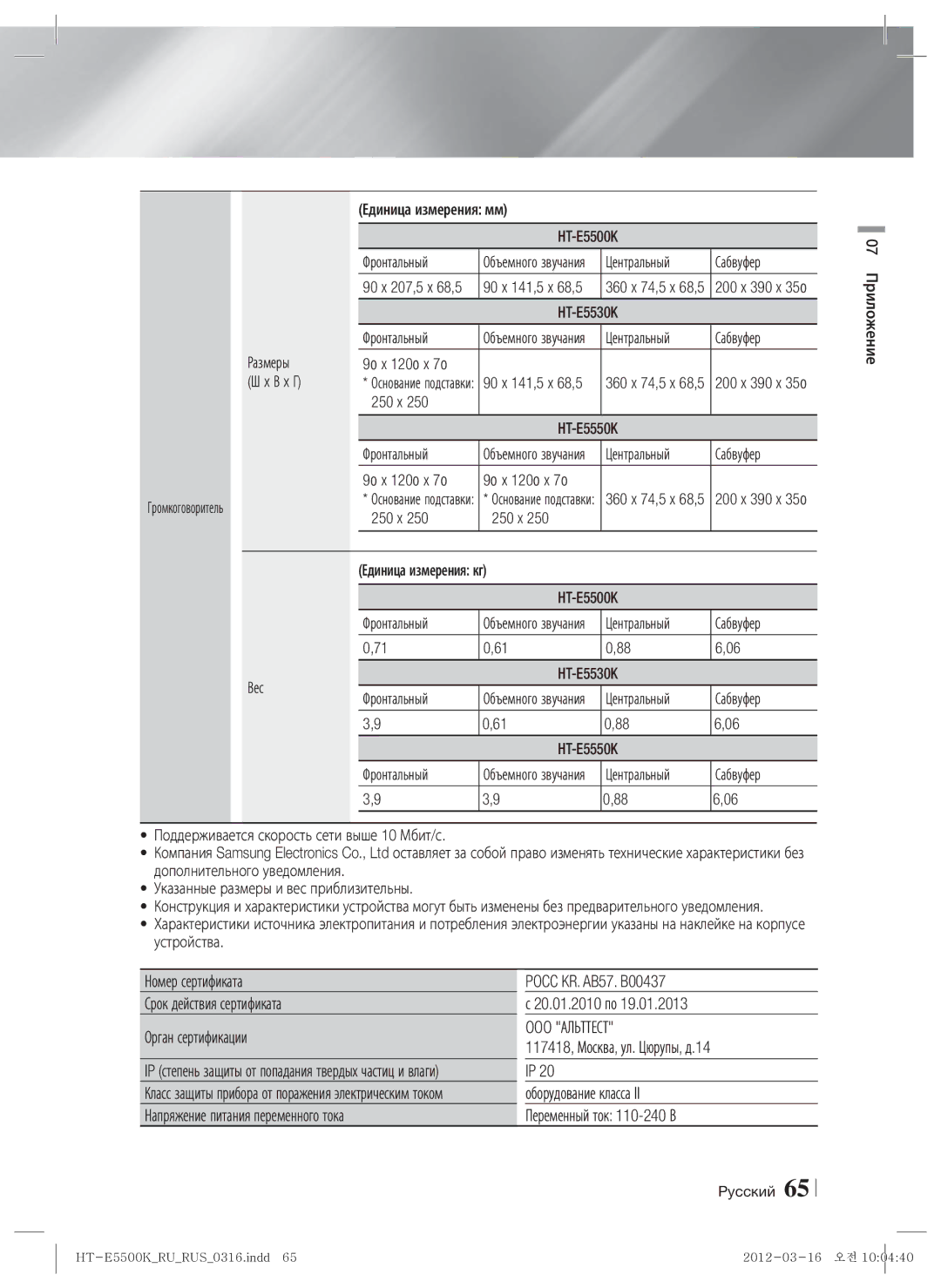 Samsung HT-E5550K/RU, HT-E5530K/RU manual OOO Альттест 