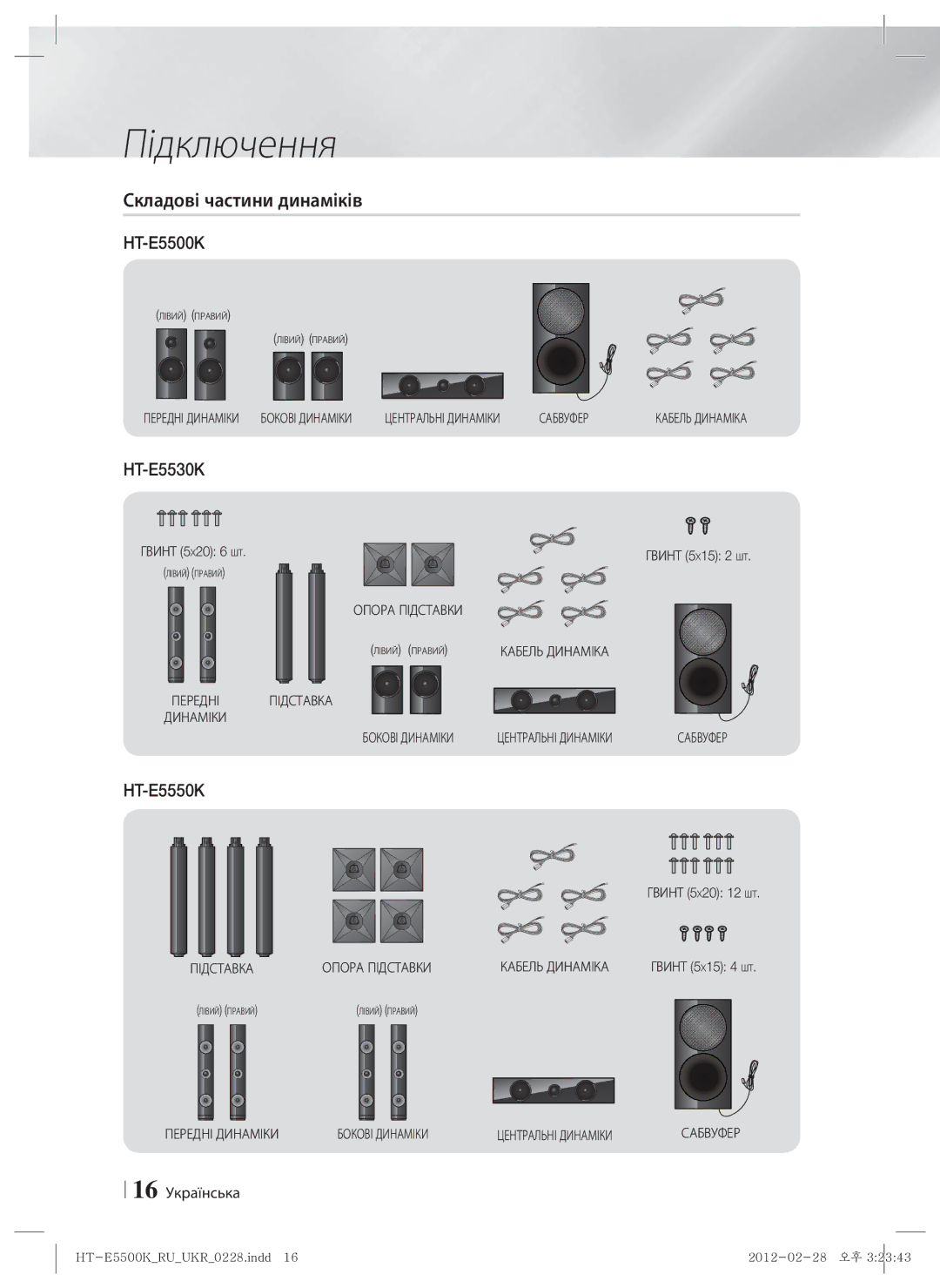 Samsung HT-E5550K/RU manual Складові частини динаміків, 16 Українська, Гвинт 5X20 12 ШТ, Гвинт 5 X20 Гвинт 5 X15 2 ШТ 