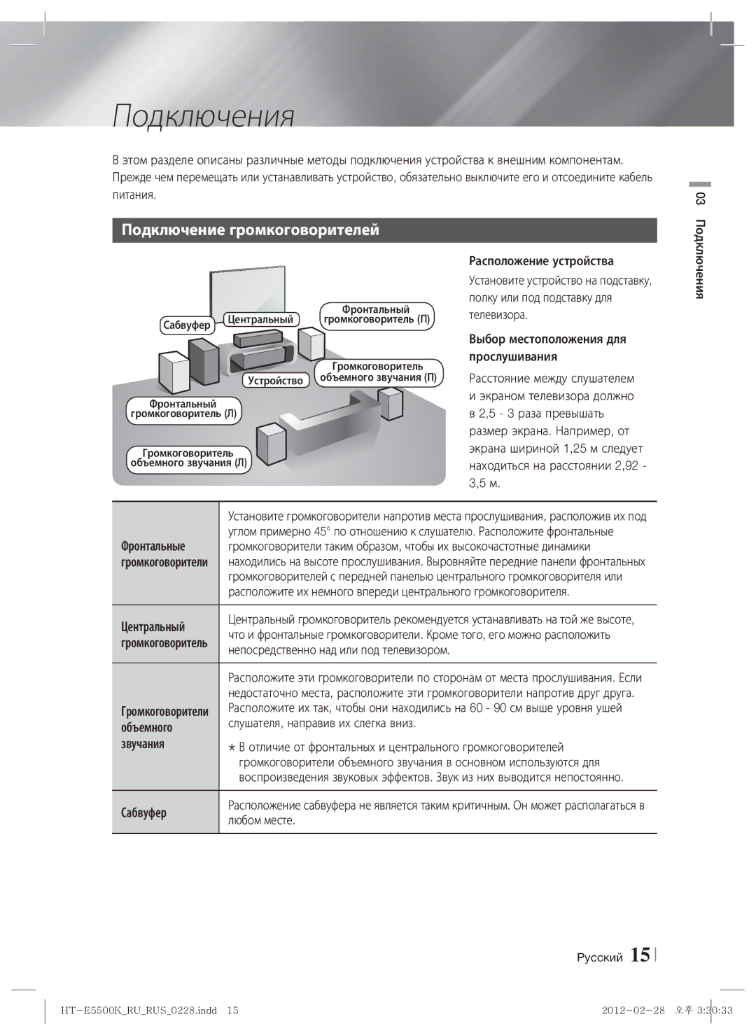 Samsung HT-E5550K/RU manual Подключения, Подключение громкоговорителей 