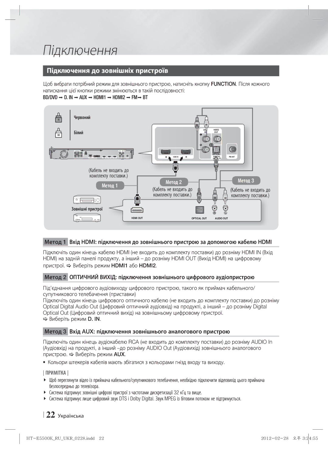 Samsung HT-E5550K/RU manual Підключення до зовнішніх пристроїв, 22 Українська, Червоний, Білий, Зовнішні пристрої 