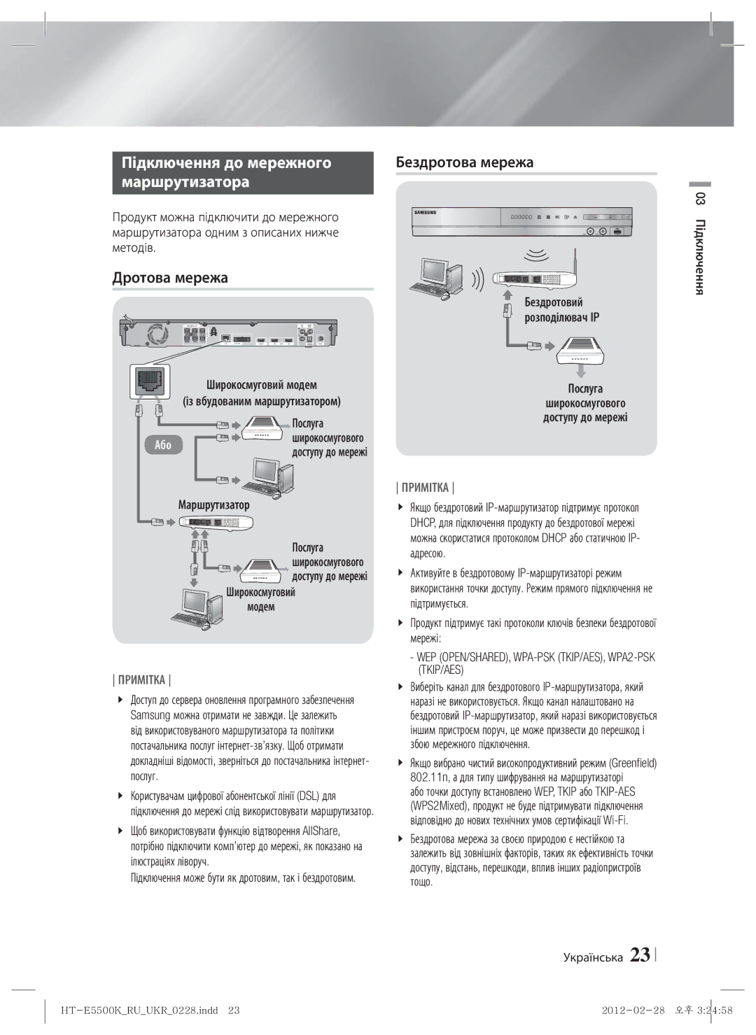 Samsung HT-E5550K/RU manual Підключення до мережного, Маршрутизатора, Дротова мережа, Маршрутизатор Послуга Широкосмугового 