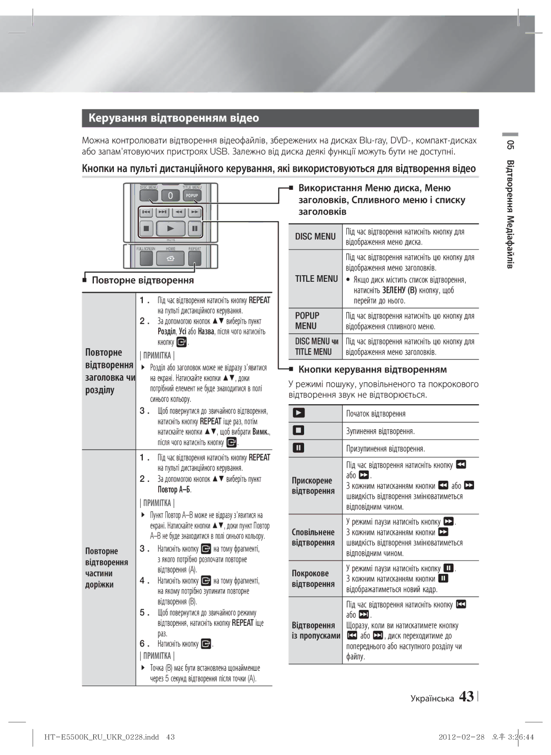 Samsung HT-E5550K/RU manual Керування відтворенням відео, Повторне, Розділу, Popup 