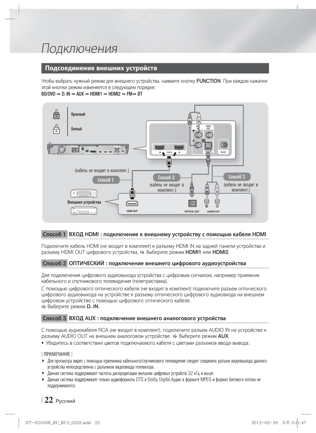 Samsung HT-E5550K/RU manual Подсоединение внешних устройств, BD/DVD D. in AUX HDMI1 HDMI2 FM BT, Внешние устройства 